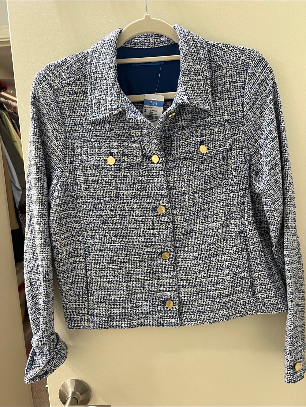 JM Collection Blue Tweed Gold-Button Jacket